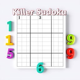 A striking front cover design for a killer Sudoku book, featuring a large, bold Sudoku grid at the center