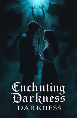 A dramatic and dark scene featuring a couple standing face to face, each holding a knife against the other's neck, surrounded by ominous shadow creatures looming around them