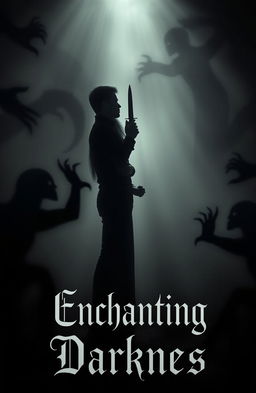 A dramatic and dark scene featuring a couple standing face to face, each holding a knife against the other's neck, surrounded by ominous shadow creatures looming around them
