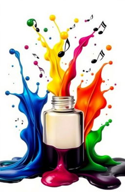 An artistic composition featuring colorful ink spills and splashes emanating from an open ink bottle