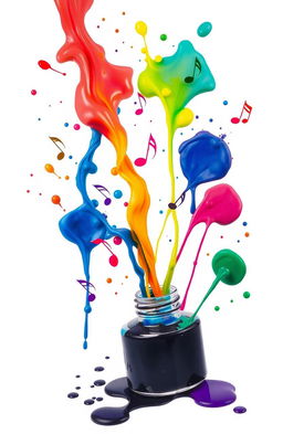 An artistic composition featuring colorful ink spills and splashes emanating from an open ink bottle