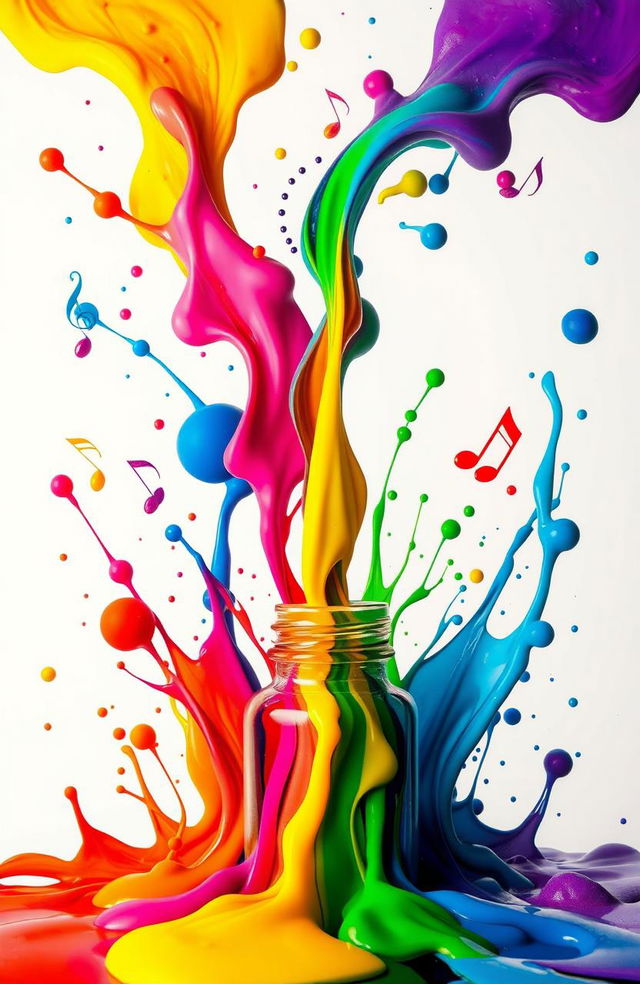 An artistic composition featuring colorful ink spills and splashes emanating from an open ink bottle