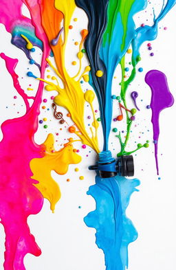 An artistic composition featuring colorful ink spills and splashes emanating from an open ink bottle