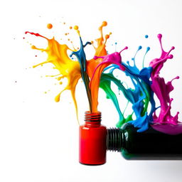 An artistic representation of colorful ink spills and splashes flowing from an open ink bottle