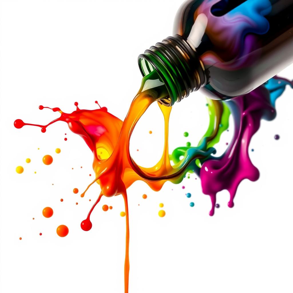 An artistic representation of colorful ink spills and splashes flowing from an open ink bottle