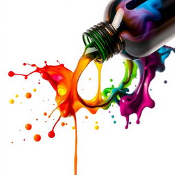 An artistic representation of colorful ink spills and splashes flowing from an open ink bottle