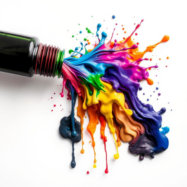 An artistic representation of colorful ink spills and splashes flowing from an open ink bottle