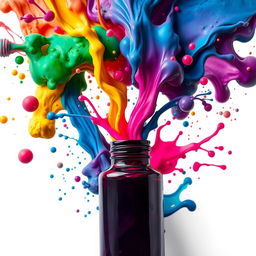 An artistic representation featuring colorful ink spills and splashes flowing from an open ink bottle, expressing various emotions through a vivid array of colors