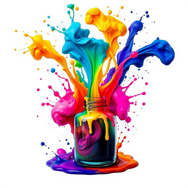 An artistic representation featuring colorful ink spills and splashes flowing from an open ink bottle, expressing various emotions through a vivid array of colors