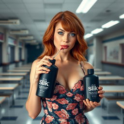 A close-up shot of a gorgeous redhead woman in a floral pattern sundress, focusing on her chest and torso