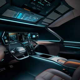 Inside the driver's cabin of a state-of-the-art, futuristic van, complete with high-tech controls and sleek interior design.