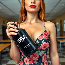 A striking close-up shot showcasing a gorgeous female redhead, wearing a beautiful floral pattern sundress that accentuates her large chest and subtle cleavage