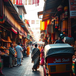 A vibrant, bustling traditional Indian marketplace, filled with colorful stalls selling a variety of goods such as spices, textiles, and handmade crafts