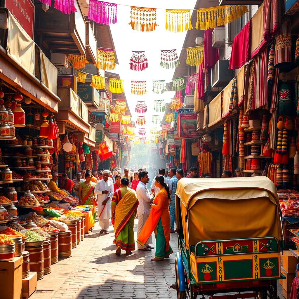 A vibrant, bustling traditional Indian marketplace, filled with colorful stalls selling a variety of goods such as spices, textiles, and handmade crafts