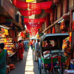 A vibrant, bustling traditional Indian marketplace, filled with colorful stalls selling a variety of goods such as spices, textiles, and handmade crafts