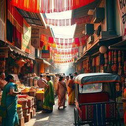 A vibrant, bustling traditional Indian marketplace, filled with colorful stalls selling a variety of goods such as spices, textiles, and handmade crafts