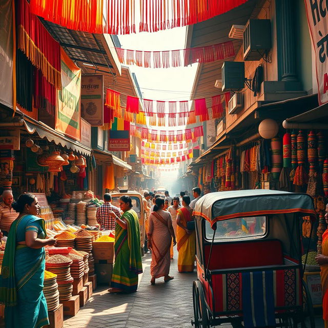 A vibrant, bustling traditional Indian marketplace, filled with colorful stalls selling a variety of goods such as spices, textiles, and handmade crafts