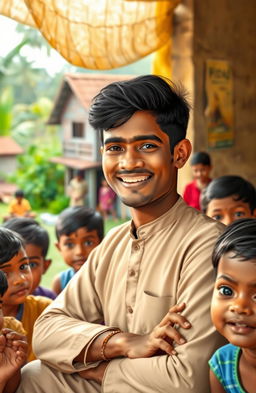 A rural Indian village setting featuring a lovable young male teacher, dressed in traditional Indian attire, with a warm smile