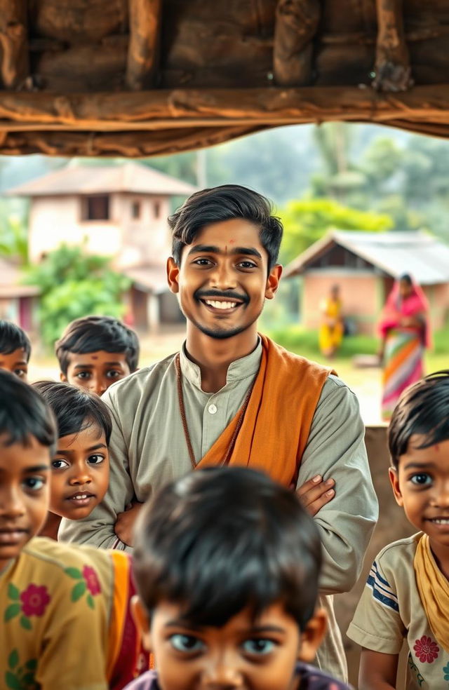 A rural Indian village setting featuring a lovable young male teacher, dressed in traditional Indian attire, with a warm smile