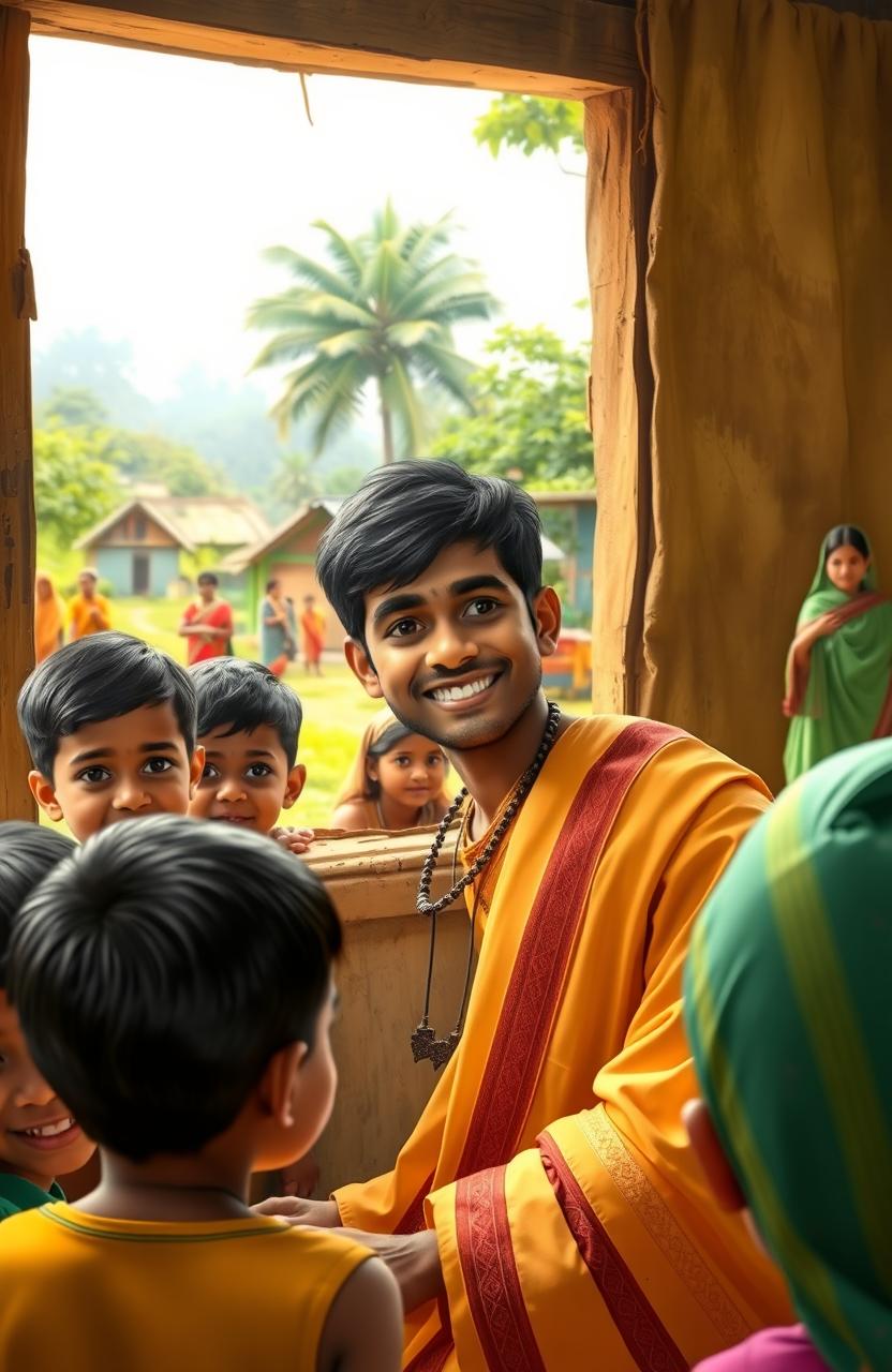 A rural Indian village setting featuring a lovable young male teacher, dressed in traditional Indian attire, with a warm smile