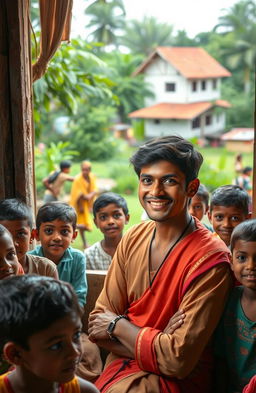 A rural Indian village setting featuring a lovable young male teacher, dressed in traditional Indian attire, with a warm smile