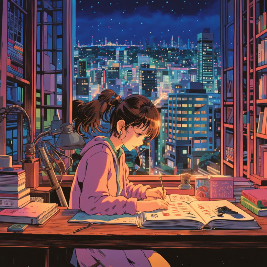 A Ghibli-style image of a girl studying at a cluttered desk with headphones on, set against a neon-lit Tokyo cityscape.