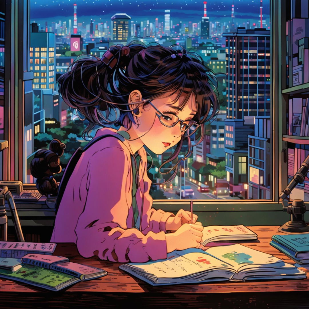 A Ghibli-style image of a beautiful girl studying at a cluttered desk with headphones on, set against a neon-lit Tokyo cityscape.