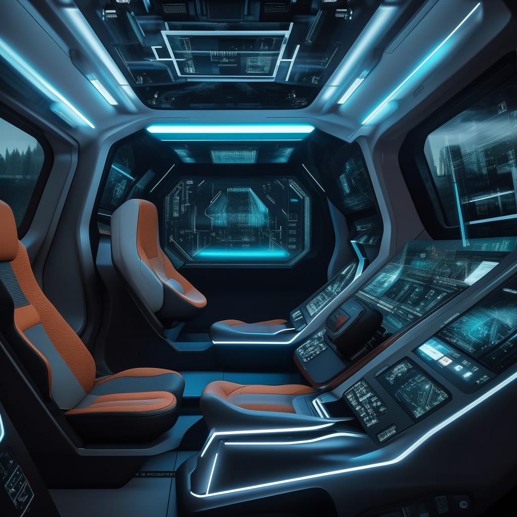 Inside the driver's cabin of a state-of-the-art, futuristic van, complete with high-tech controls and sleek interior design.