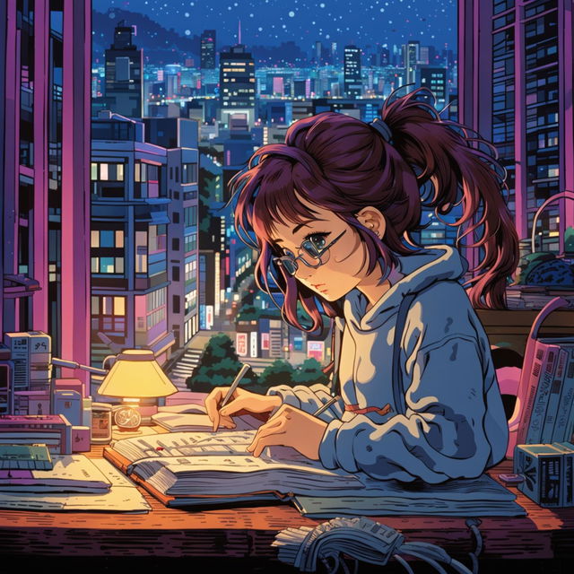 A Ghibli-style image of a beautiful girl studying at a cluttered desk with headphones on, set against a neon-lit Tokyo cityscape, with a cat sleeping beside her.