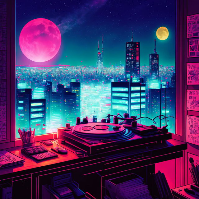 Lofi concept album cover featuring a neon-lit Tokyo cityscape viewed from a room with a turntable on a desk.