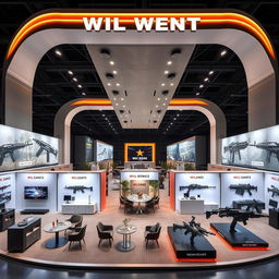A modern exhibition booth designed for displaying Indian military weapons, featuring advanced technological aesthetics