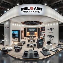 A modern exhibition booth designed for displaying Indian military weapons, featuring advanced technological aesthetics