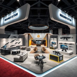 A contemporary exhibition booth designed for showcasing Indian military weapons, emphasizing a modern and technological aesthetic