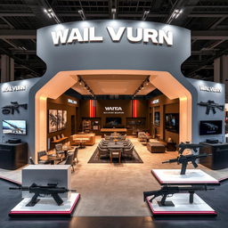 A contemporary exhibition booth designed for showcasing Indian military weapons, emphasizing a modern and technological aesthetic