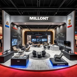 A contemporary exhibition booth designed for showcasing Indian military weapons, emphasizing a modern and technological aesthetic