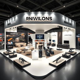An exhibition booth designed to display Indian military weapons, emphasizing a sleek, modern technological aesthetic