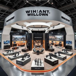 An exhibition booth designed to display Indian military weapons, emphasizing a sleek, modern technological aesthetic
