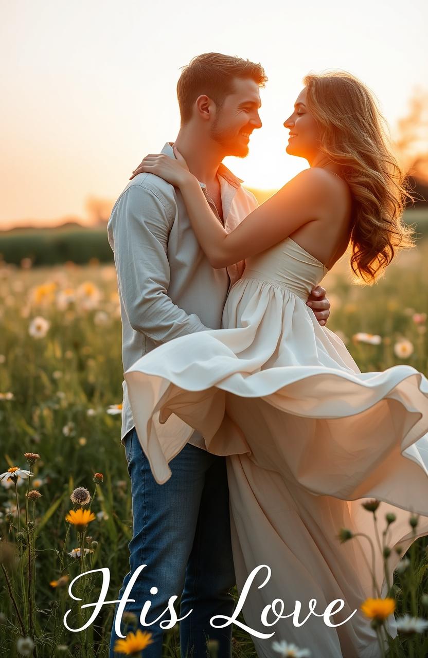 A romantic scene of a couple embracing tenderly in a sunlit meadow, surrounded by wildflowers