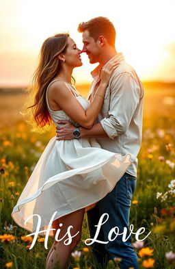 A romantic scene of a couple embracing tenderly in a sunlit meadow, surrounded by wildflowers