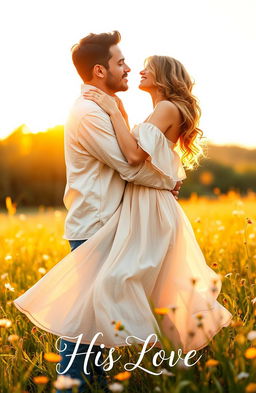 A romantic scene of a couple embracing tenderly in a sunlit meadow, surrounded by wildflowers