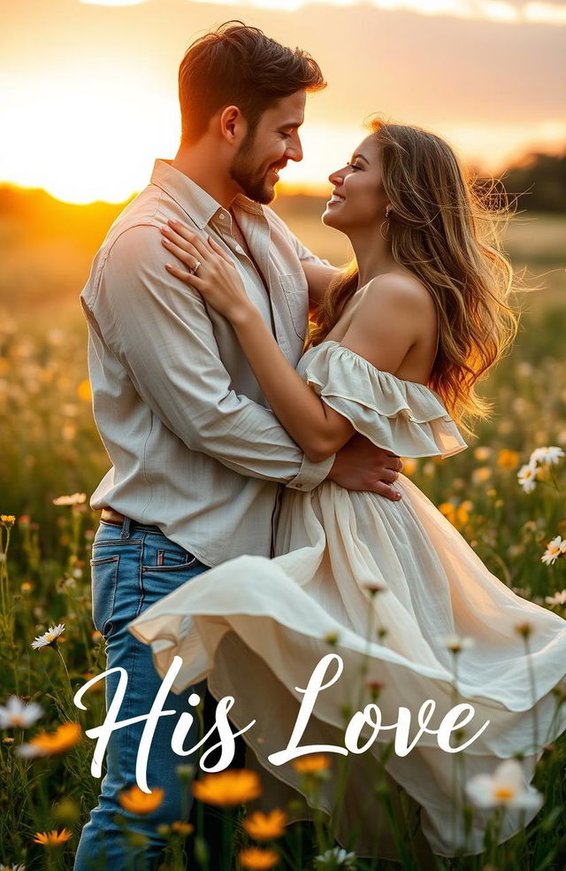 A romantic scene of a couple embracing tenderly in a sunlit meadow, surrounded by wildflowers