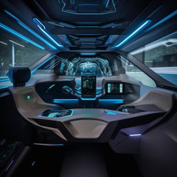 Inside the driver's cabin of a state-of-the-art, futuristic van, complete with high-tech controls and sleek interior design.
