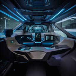 Inside the driver's cabin of a state-of-the-art, futuristic van, complete with high-tech controls and sleek interior design.