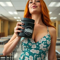 A close-up torso shot of a stunning female redhead wearing a floral pattern sundress that accentuates her large chest and cleavage