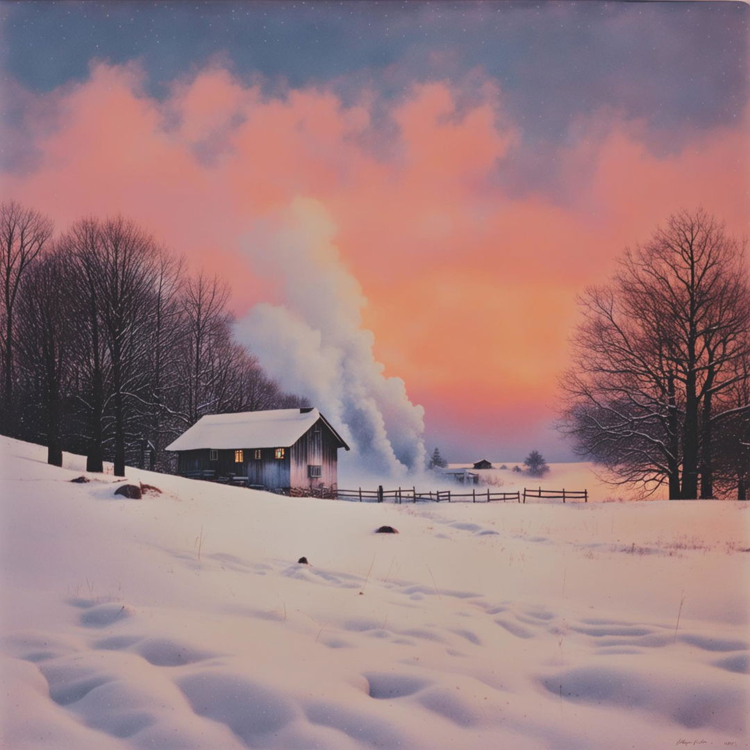 Vintage lo-fi album cover featuring a cozy farmhouse in a snowy landscape under a pastel sunset sky.