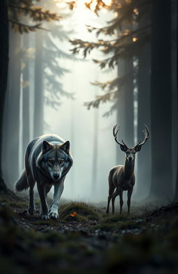 A powerful predator, a fierce wolf with sharp eyes, stalking its prey through a misty forest at dawn