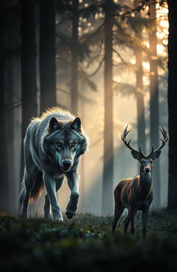 A powerful predator, a fierce wolf with sharp eyes, stalking its prey through a misty forest at dawn