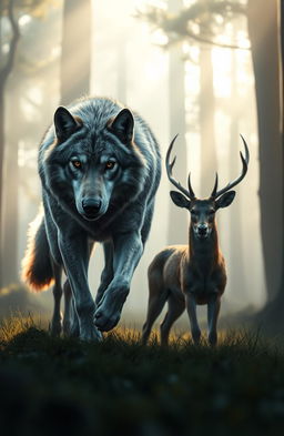 A powerful predator, a fierce wolf with sharp eyes, stalking its prey through a misty forest at dawn