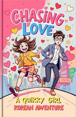 A vibrant and eye-catching book cover featuring a confident and quirky girl with wild hair, energetically chasing after a handsome and stylish Korean guy