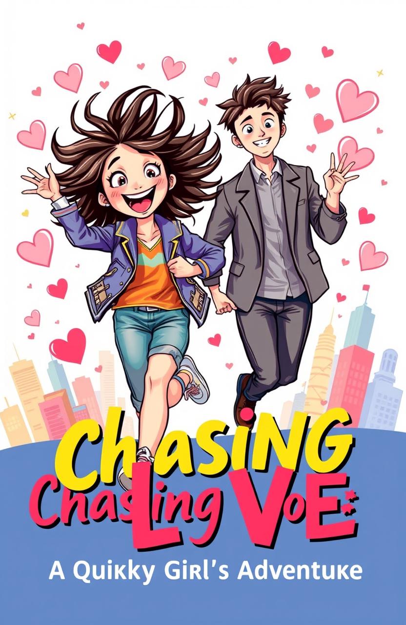 A vibrant and eye-catching book cover featuring a confident and quirky girl with wild hair, energetically chasing after a handsome and stylish Korean guy